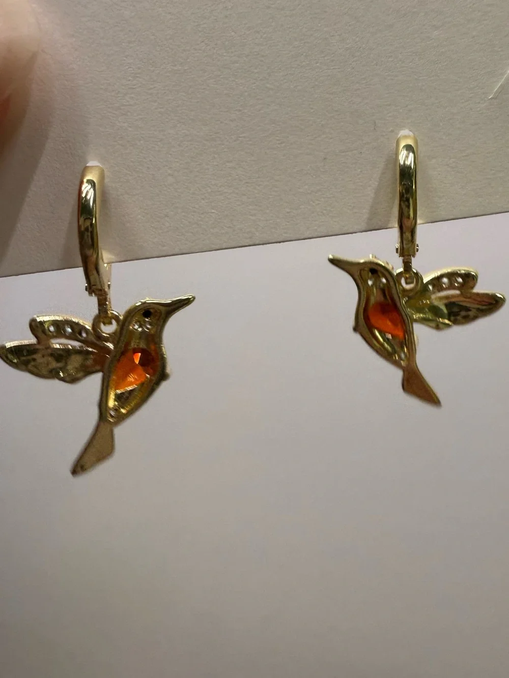 18k GP Hummingbird Earrings with Amber CZ Stones